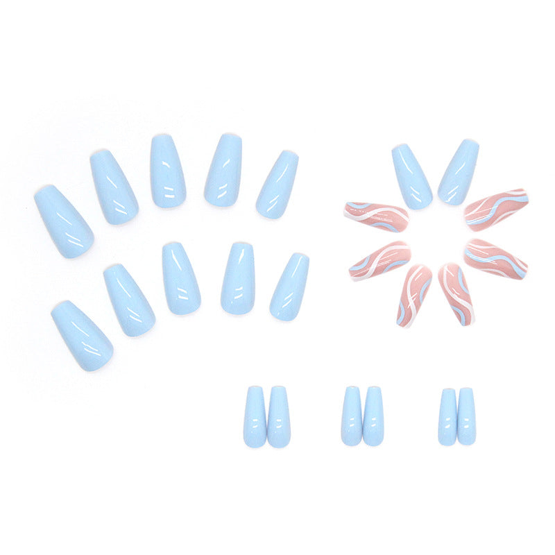 Long coffin press on nail Blue and Sea wave design 24 pieces nails and nail tools included