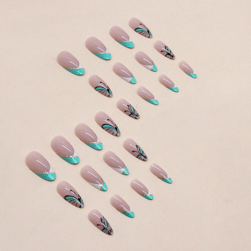 Short Almond nail French style cuties butterfly design nail art press on