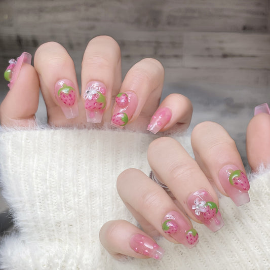 Handmade nails DIY strawberry color and 3D design cutie nails - 10 pieces in 4 sizes