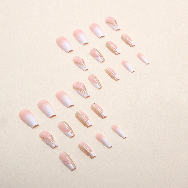 long fake nails, minimal and pure style, sparkling gold powder, French gradient press on nail - 24 pcs & nail tools included