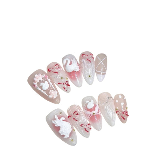 Handmade Almond nails 3D flower pinky false nail new chinese style - 10 pieces in 4 sizes & nail tools included