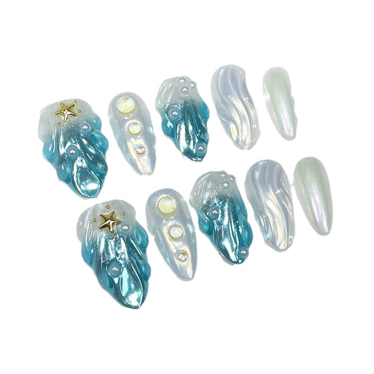 Handmade Almond nails Summer vibe shine shell design Sea wave color 10 pieces for 4 sizes & nail tools included