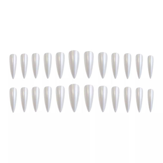 Long White Moonlight Fake Nail Elegant Aurora Pearl false nails - 24 pcs & nail tools included