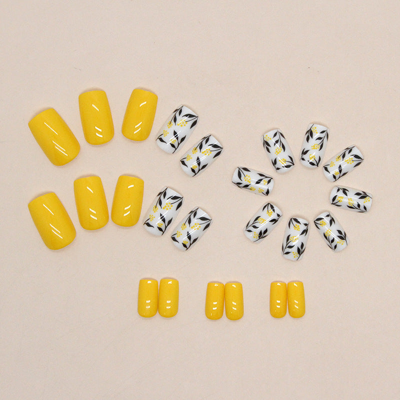 Short square summer yellow leaf design press on nail-24 pcs & nail tools