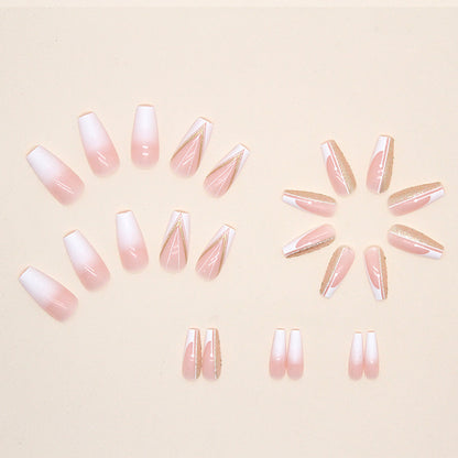 long fake nails, minimal and pure style, sparkling gold powder, French gradient press on nail - 24 pcs & nail tools included