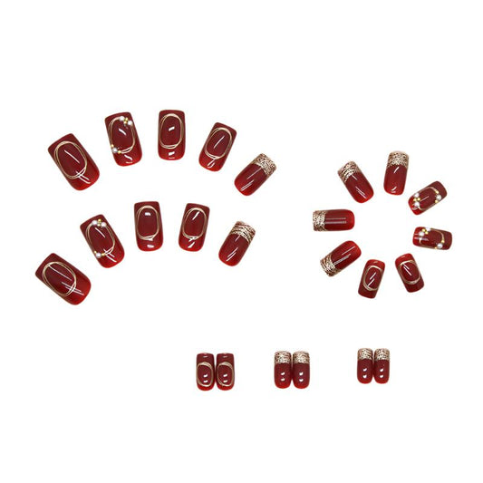 Short round press on nails diamond shine & red wine color - 24 pieces nails & nail tools included