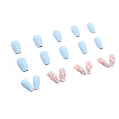 Long coffin press on nail Blue and Sea wave design 24 pieces nails and nail tools included