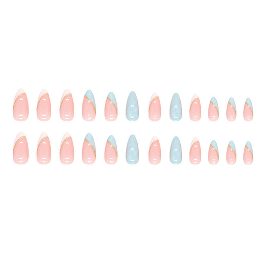 Short Almond nails French style sky blue color press on nails - 24 pieces nail