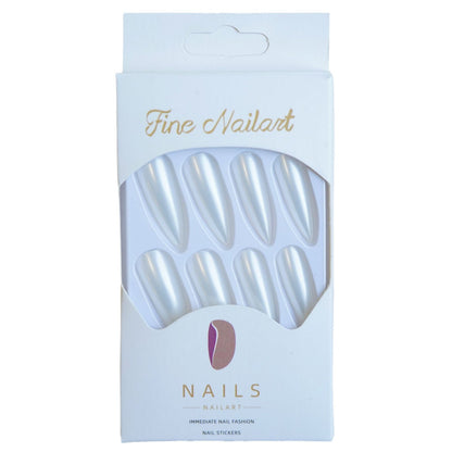 Long White Moonlight Fake Nail Elegant Aurora Pearl false nails - 24 pcs & nail tools included