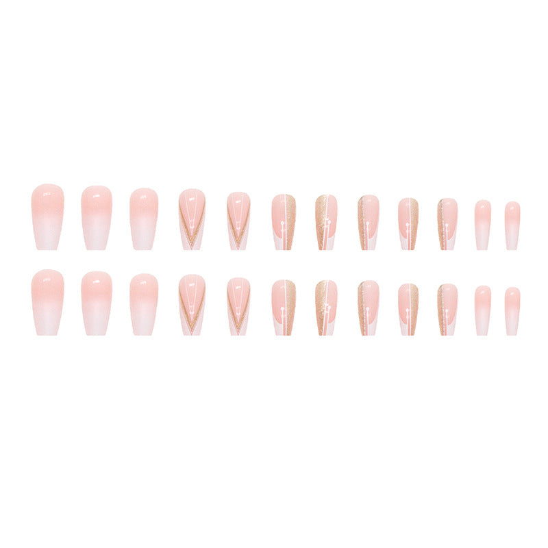 long fake nails, minimal and pure style, sparkling gold powder, French gradient press on nail - 24 pcs & nail tools included