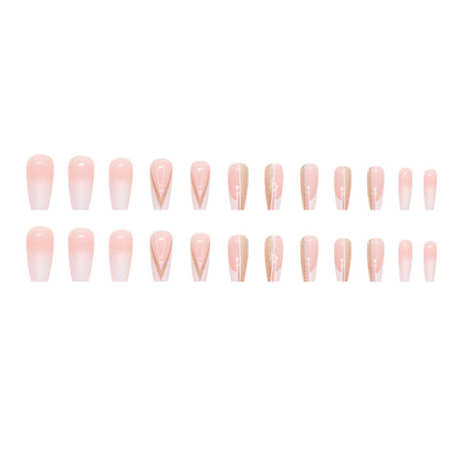 long fake nails, minimal and pure style, sparkling gold powder, French gradient press on nail - 24 pcs & nail tools included