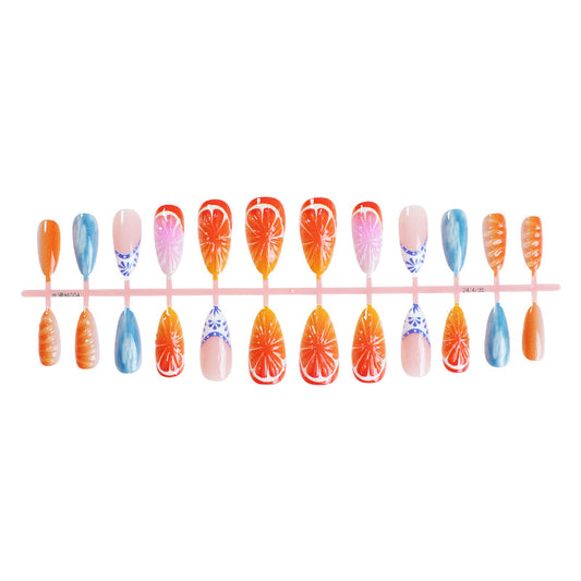 summer press on nails, fresh ocean orange fruit 3D stereoscopic high-quality fake nails - 24 pcs & nail tools included