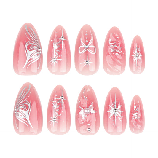 Short 3D Almond nails Print on demand butterfly design-24 pcs nail & nail tools included