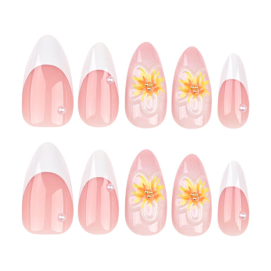 Short Almond fake nail 3D sunflower french trending nail