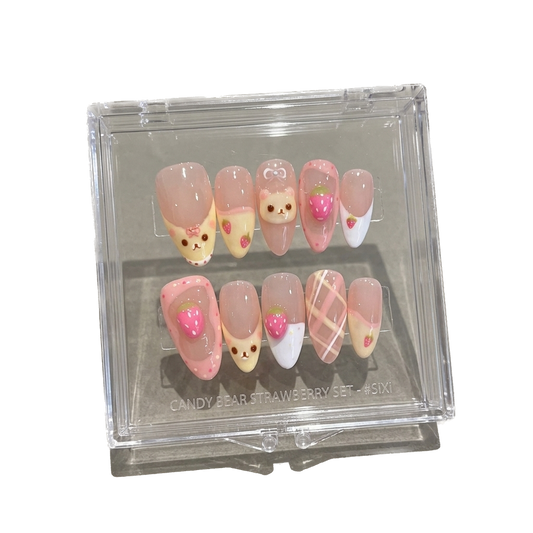 10Pcs Almond Press on Nails with Pink Strawberry Bear Design Acrylic False Nails Cute Full Cover Sweet Girl Wearable Nail Tips
