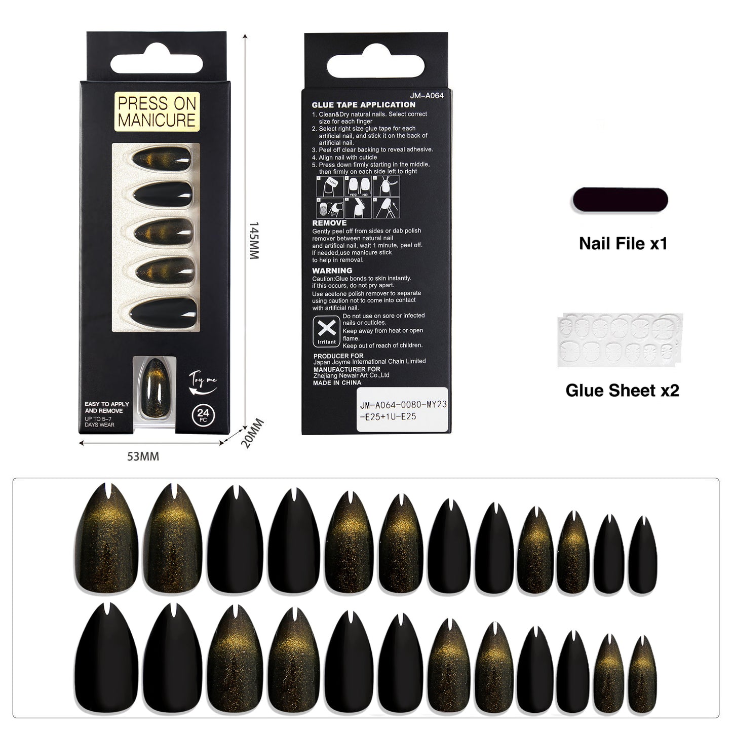 French cat eye wearable nails finished nail pieces 24 pieces almond nails- Black