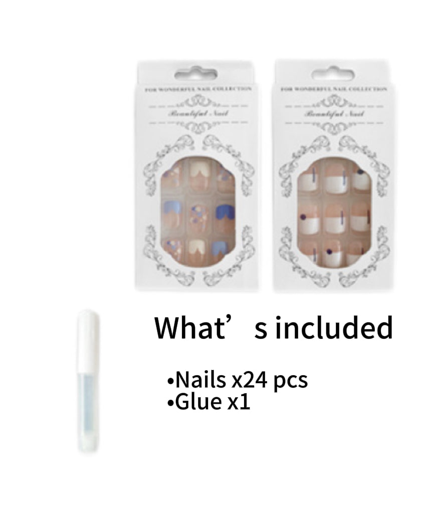 Silver-edged French-style nail art Almond round - 24 pcs & 1 glue