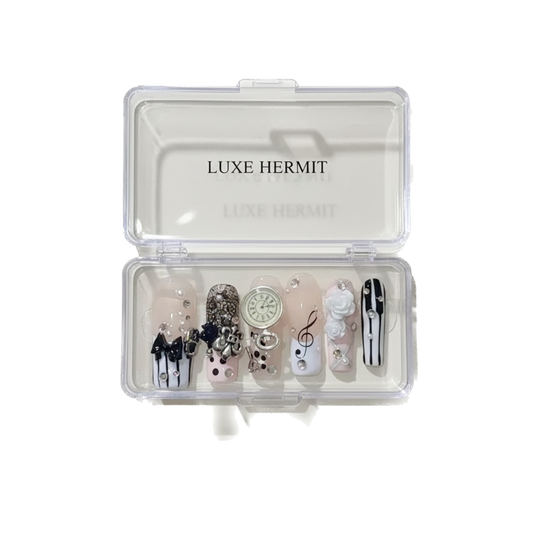 Musical Notes Retro Vintage Y2K Gyaru French Handmade Press On Nails 3D Rose Bow Pearl Pink Fake Nails Cute Long Coffin Nail Art