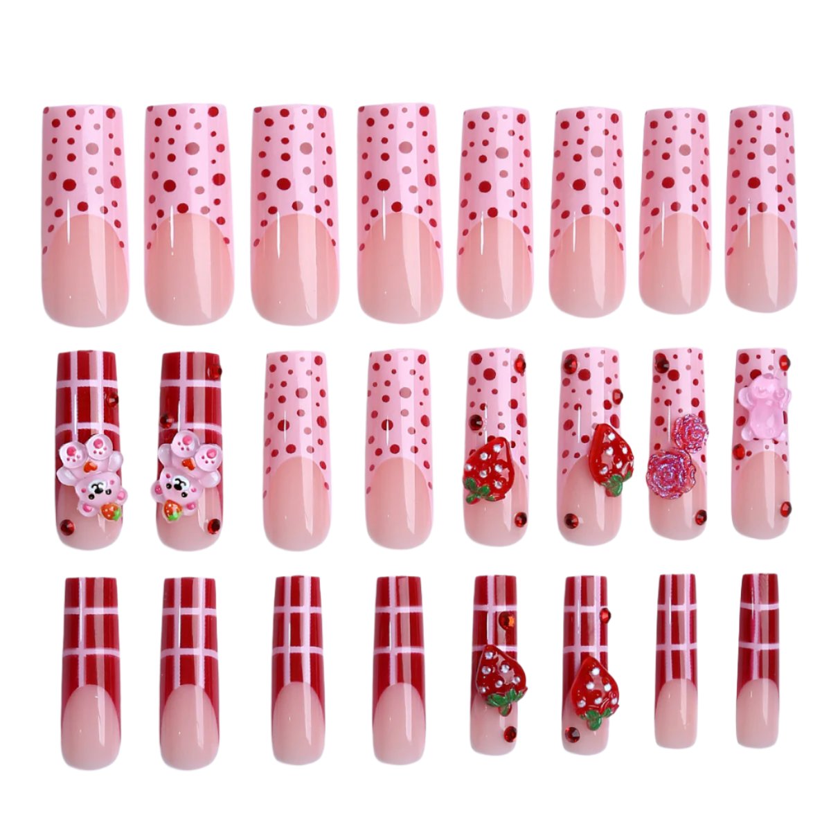 Lange Polka Dot Nail Art Erdbeere süße Bär Rose Verzierung