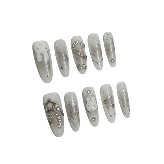 Pure handmade nail Spice girl hand-painted rabbit pile drill advanced sense white dark retro manicure fake nails