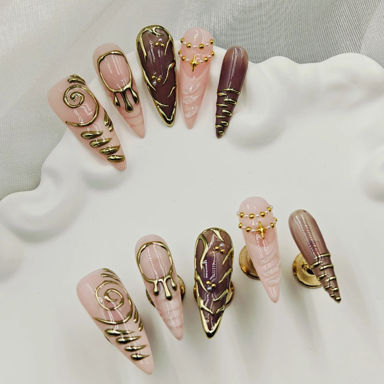 10pcs Handmade Long Stiletto Press On Nails, Nude Pink Burgundy Retro French with Gold Swirl & 3D Star Beads