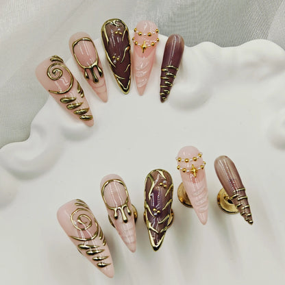 10pcs Handmade Long Stiletto Press On Nails, Nude Pink Burgundy Retro French with Gold Swirl & 3D Star Beads