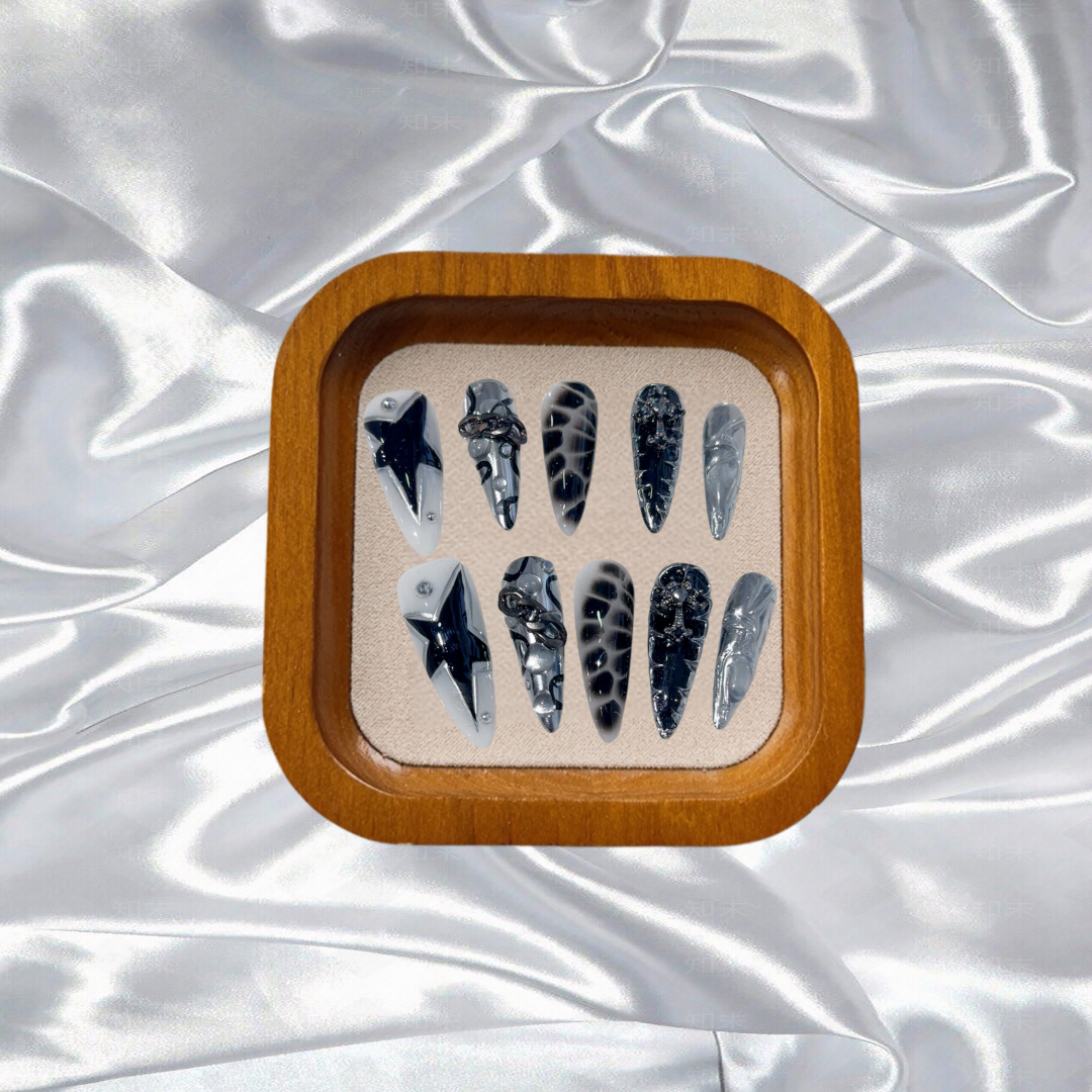 Handmade Press on Nails Punk Cool Black Star Crocodile pattern False Nails Heavy Metal European Black Almond Fake Nail Patches