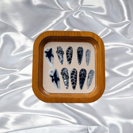 Handmade Press on Nails Punk Cool Black Star Crocodile pattern False Nails Heavy Metal European Black Almond Fake Nail Patches