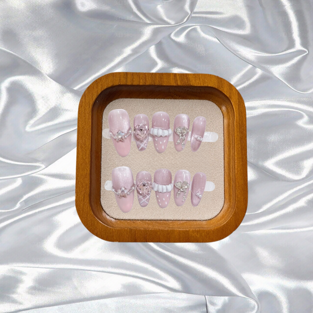 10Pcs Cute Handmade Press on Nails Full Cover Pink Sweet Nail with Rhinestone Wearable Fresh Cat Eye French Almond Oval Manicure