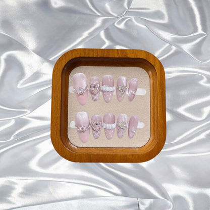 10Pcs Cute Handmade Press on Nails Full Cover Pink Sweet Nail with Rhinestone Wearable Fresh Cat Eye French Almond Oval Manicure