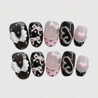10pcs pure hand pressed short circular nail art, beautiful fake nails, sweet and cool pink bow, suitable for women to use