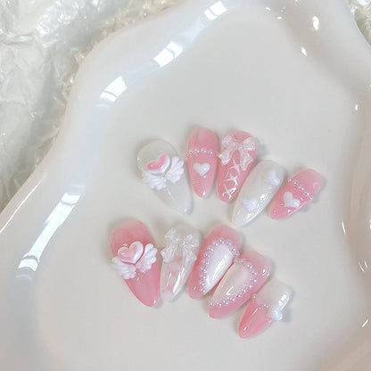 10PCS hand pressed almond shaped nails, beautiful fake nails, sweet heart nail art, pink angel, suitable for women to use