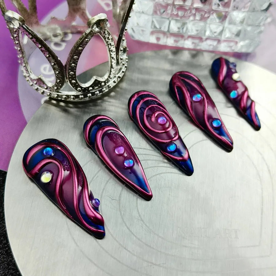10PCS of handmade press on fake nails, cyberpunk wearable nails, finished nail art, long pointed adhesive fake nails.