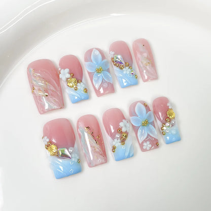 10Pcs Mid-length Square Pink False Nail Dreamy Gradient Ocean-style Nail Art Sweet 3D Flowers Hot Girl Wearable Manicure Fashion