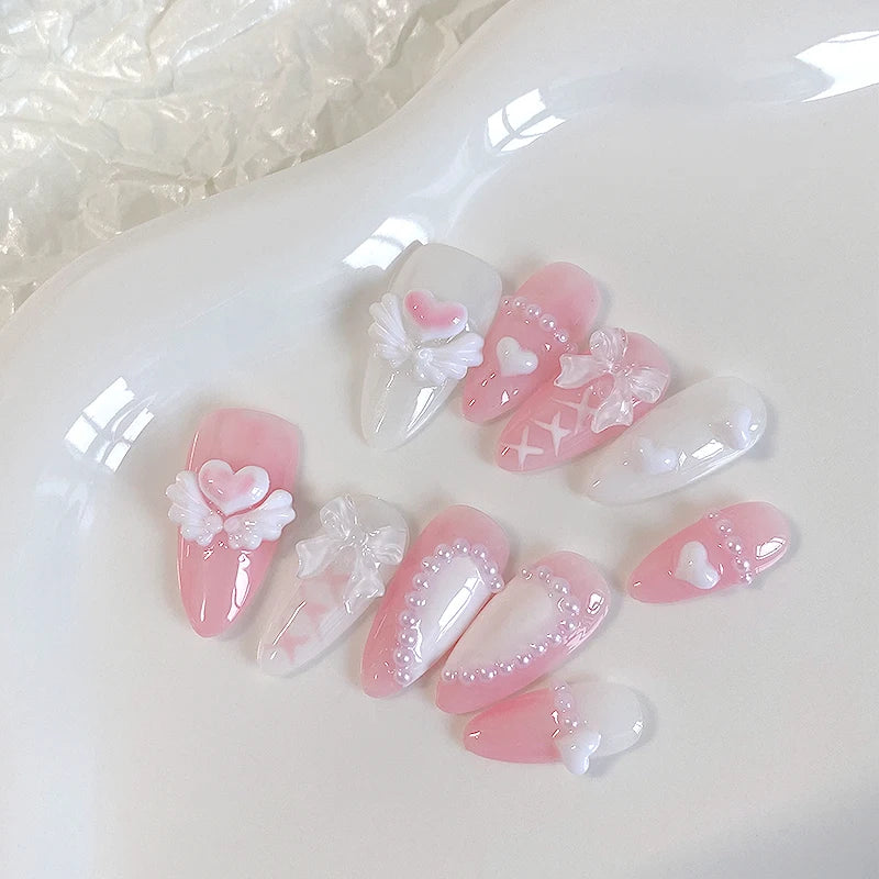 10PCS hand pressed almond shaped nails, beautiful fake nails, sweet heart nail art, pink angel, suitable for women to use