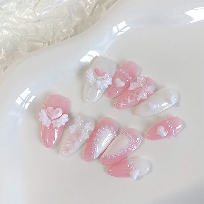 10PCS hand pressed almond shaped nails, beautiful fake nails, sweet heart nail art, pink angel, suitable for women to use
