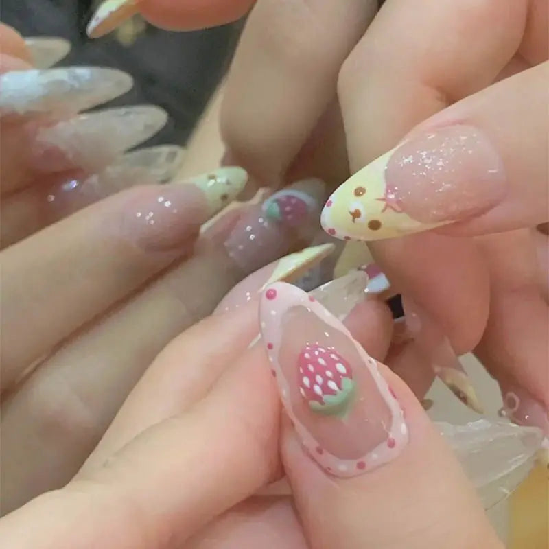 10Pcs Almond Press on Nails with Pink Strawberry Bear Design Acrylic False Nails Cute Full Cover Sweet Girl Wearable Nail Tips