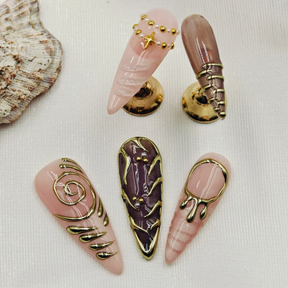 10pcs Handmade Long Stiletto Press On Nails, Nude Pink Burgundy Retro French with Gold Swirl & 3D Star Beads