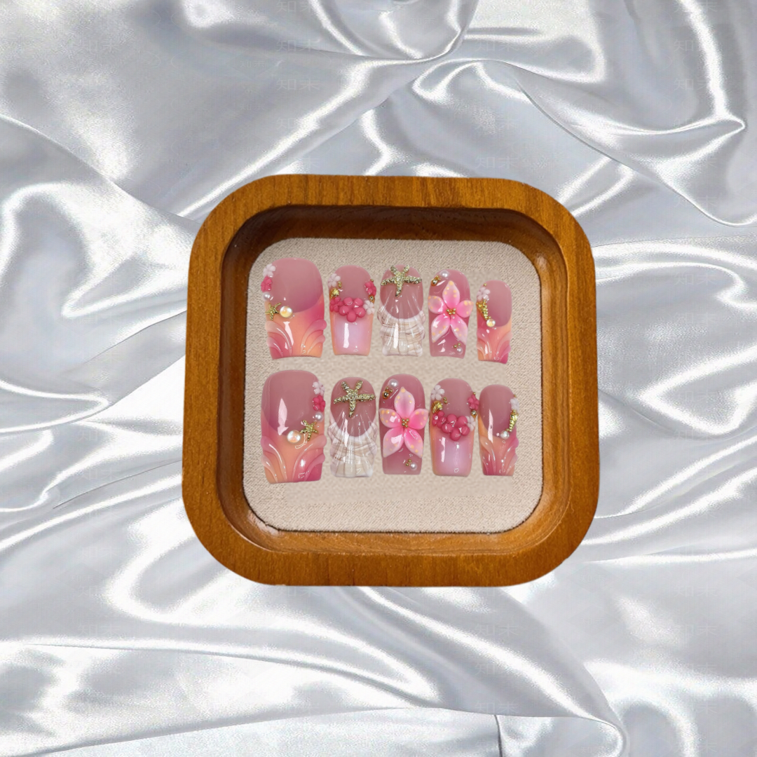 10Pcs Mid-length Square Pink False Nail Dreamy Gradient Ocean-style Nail Art Sweet 3D Flowers Hot Girl Wearable Manicure Fashion
