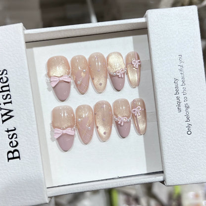 10Pcs Cute Handmade Press on Nails Full Cover Pink Sweet Nail with Rhinestone Wearable Fresh Cat Eye French Almond Oval Manicure