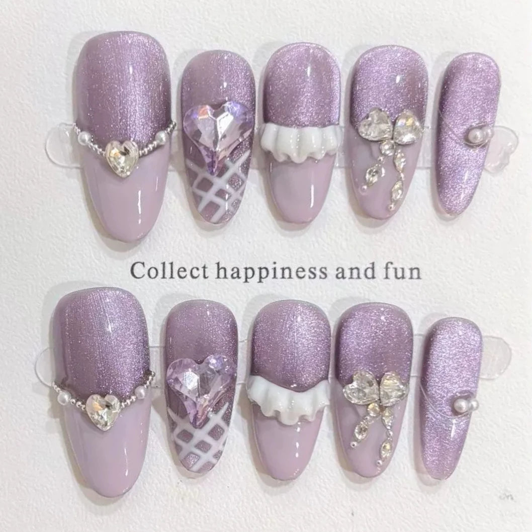 10Pcs Cute Handmade Press on Nails Full Cover Pink Sweet Nail with Rhinestone Wearable Fresh Cat Eye French Almond Oval Manicure