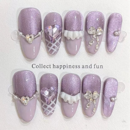 10Pcs Cute Handmade Press on Nails Full Cover Pink Sweet Nail with Rhinestone Wearable Fresh Cat Eye French Almond Oval Manicure