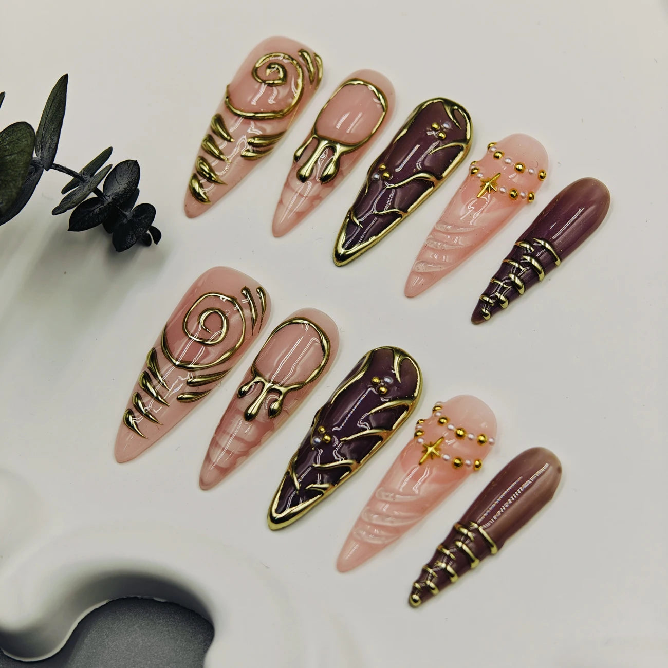 10pcs Handmade Long Stiletto Press On Nails, Nude Pink Burgundy Retro French with Gold Swirl & 3D Star Beads