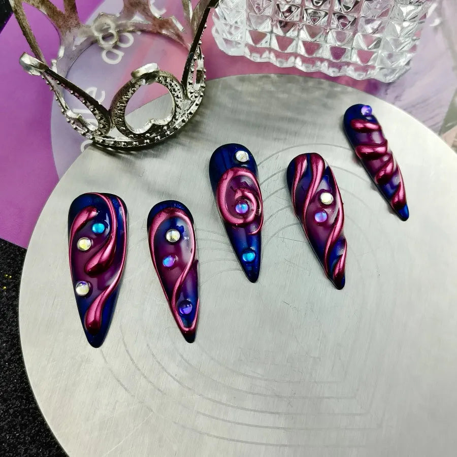 10PCS of handmade press on fake nails, cyberpunk wearable nails, finished nail art, long pointed adhesive fake nails.