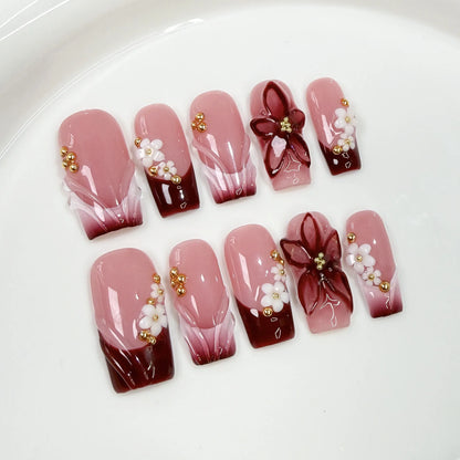 10Pcs Mid-length Square Pink False Nail Dreamy Gradient Ocean-style Nail Art Sweet 3D Flowers Hot Girl Wearable Manicure Fashion