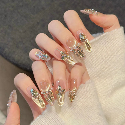 10PCS Handmade Press on Nails Champagne Zircon Diamond Almond Fake Nails Decor Wearable French Elegant Cat's Eye False Nails Art