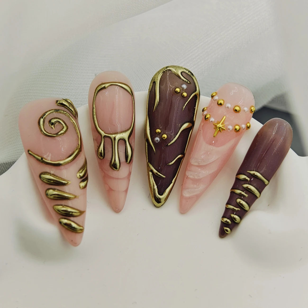 10pcs Handmade Long Stiletto Press On Nails, Nude Pink Burgundy Retro French with Gold Swirl & 3D Star Beads