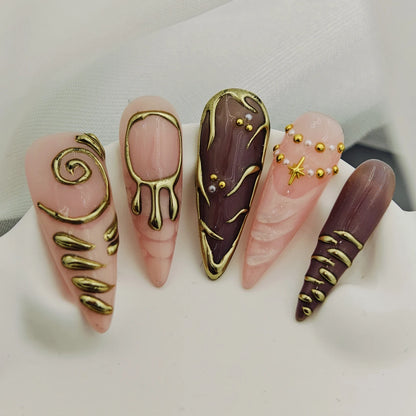 10pcs Handmade Long Stiletto Press On Nails, Nude Pink Burgundy Retro French with Gold Swirl & 3D Star Beads