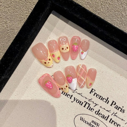 10Pcs Almond Press on Nails with Pink Strawberry Bear Design Acrylic False Nails Cute Full Cover Sweet Girl Wearable Nail Tips