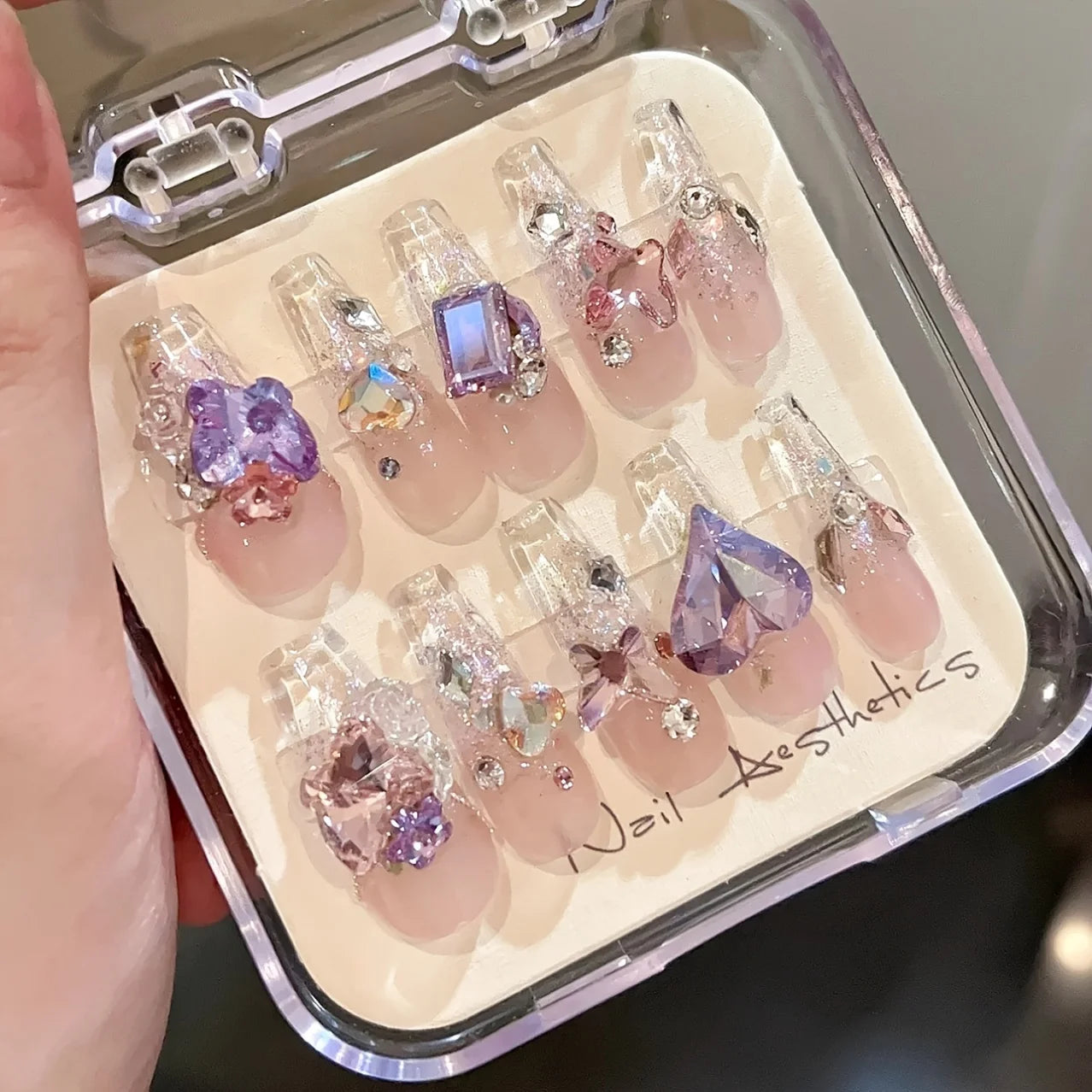 10pcs Handmade Press On Nails,Fantasy butterfly sparkling diamond fake nail design, contrasting color design and flashing love b